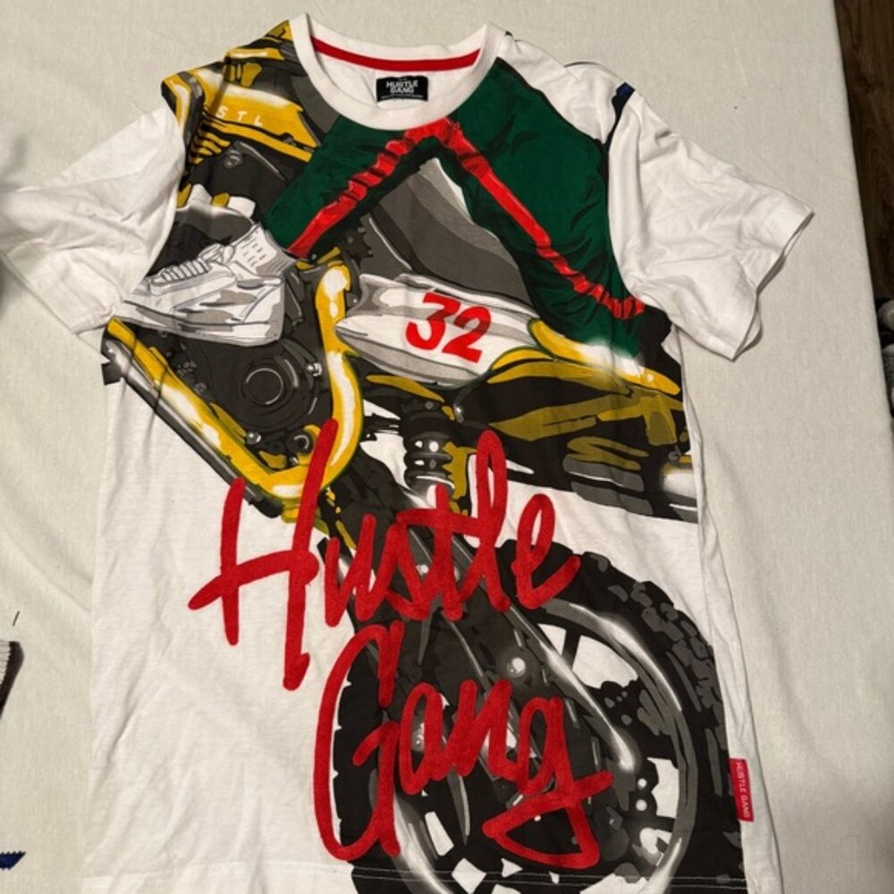 Hustle Gang Y2K Motorcycle Graphic T-Shirt Red Graffiti Y2K Streetwear Medium